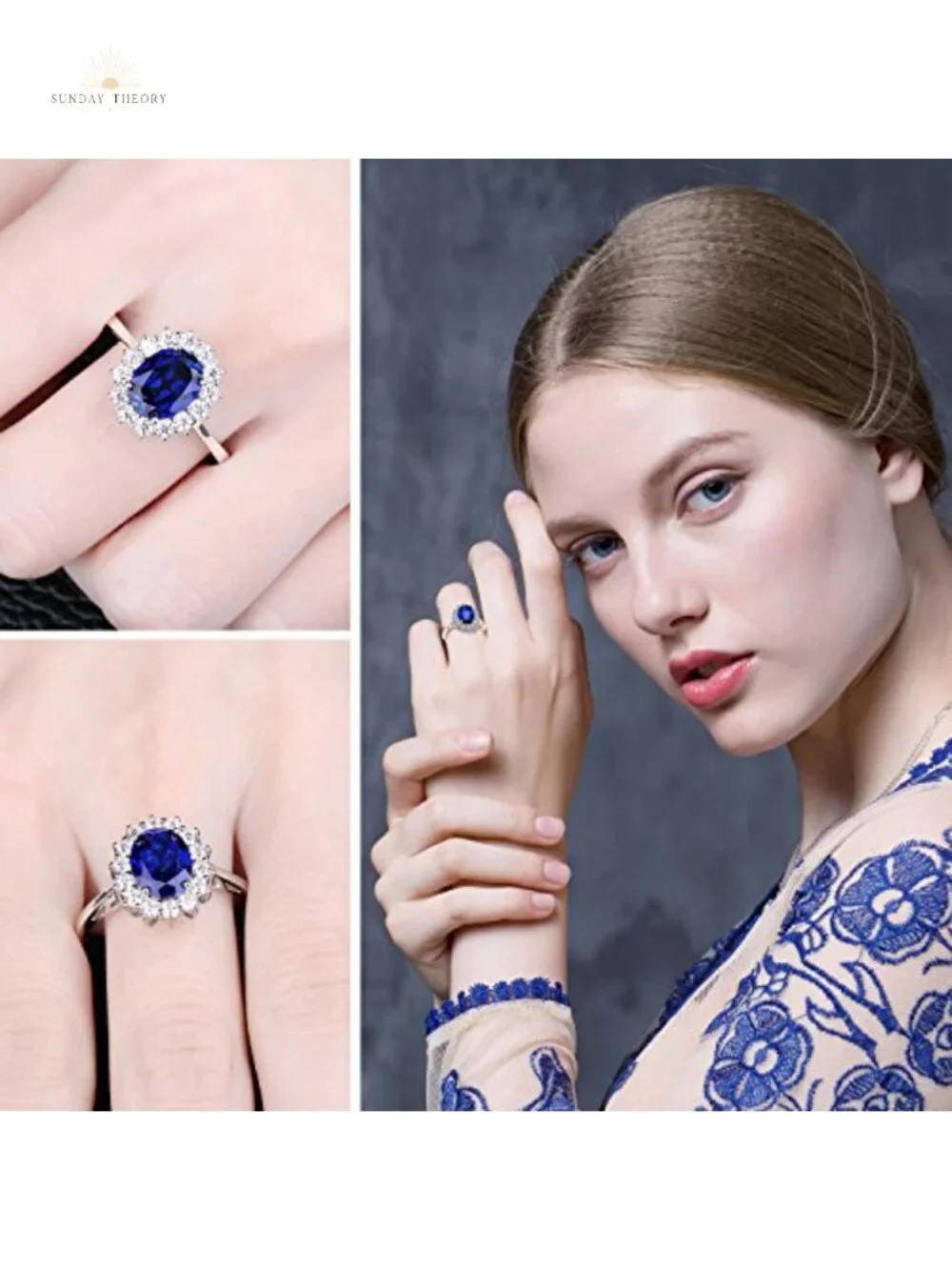Sterling Silver Halo Engagement Ring with Created Sapphire, Oval Design,
